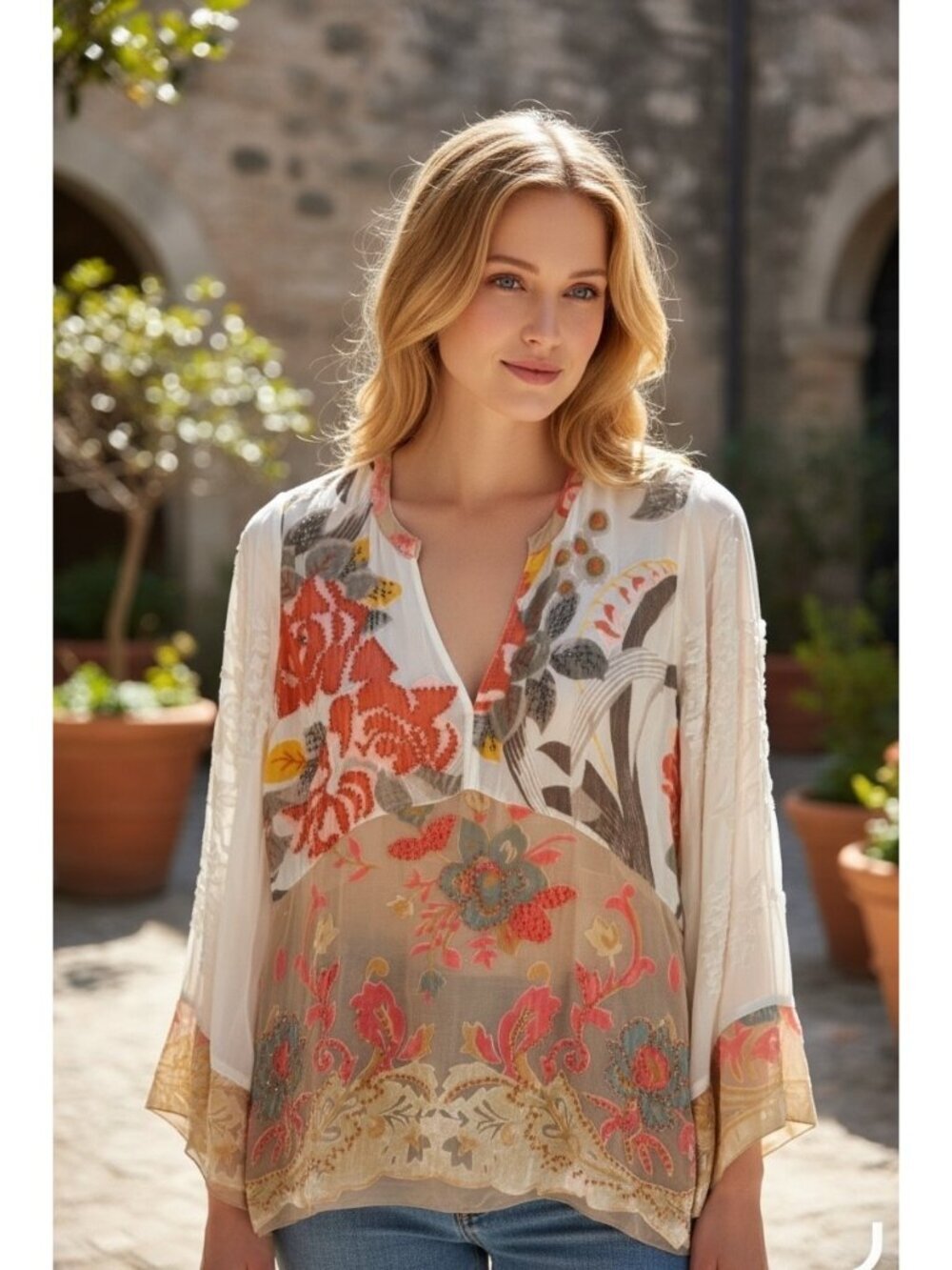 Hale Bob Silk Velvet Burnout Beaded Floral Boho Tunic Blouse Size S